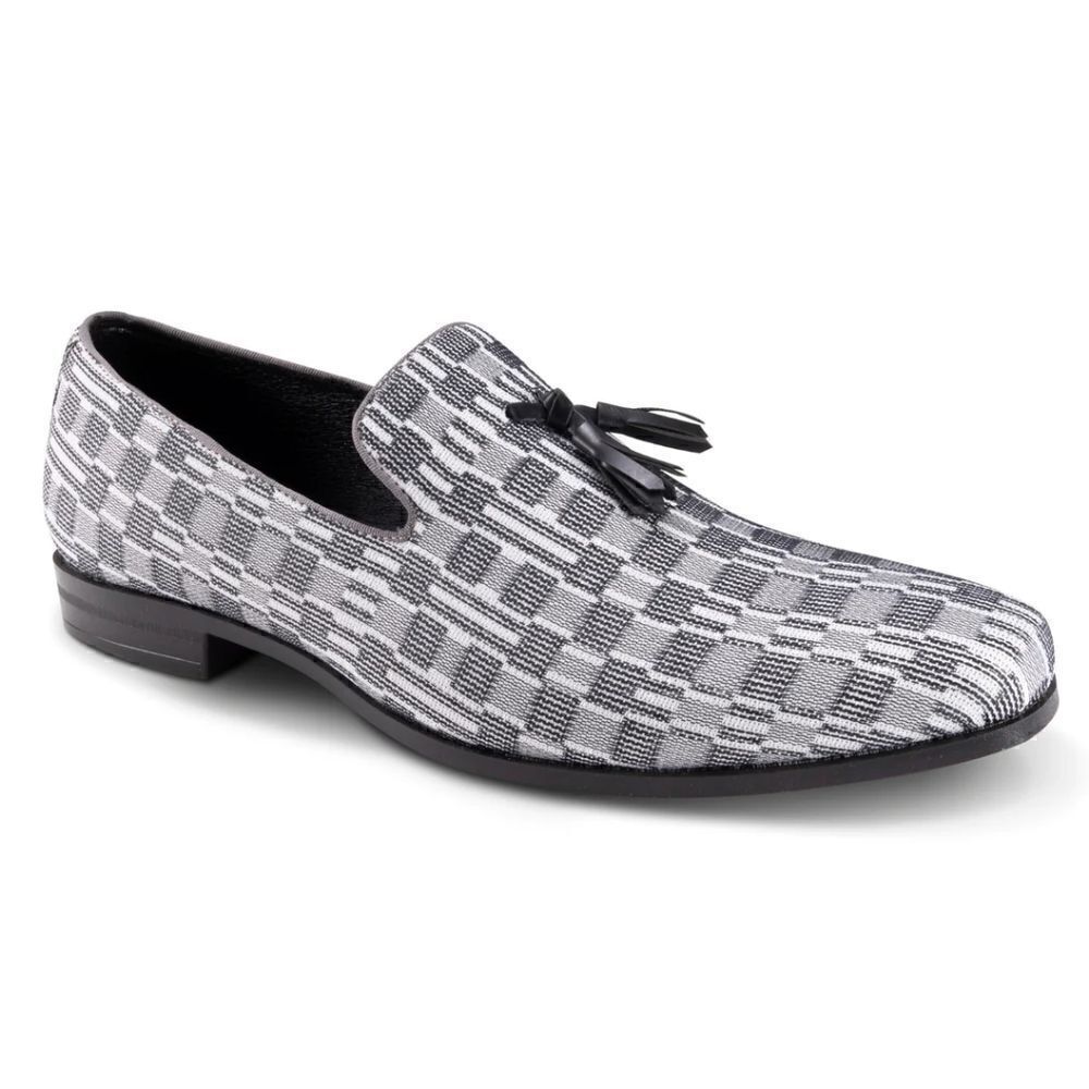 MEN'S MONTIQUE BLACK PRINTED ABSTRACT CHECKERED TASSEL LOAFER FASHION SHOE.S2357